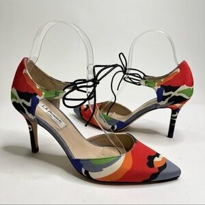 𝅺RARE NEW L.K. Bennett Pop Art Multi Colored Camo Pointed Toe Canvas Tie Heels